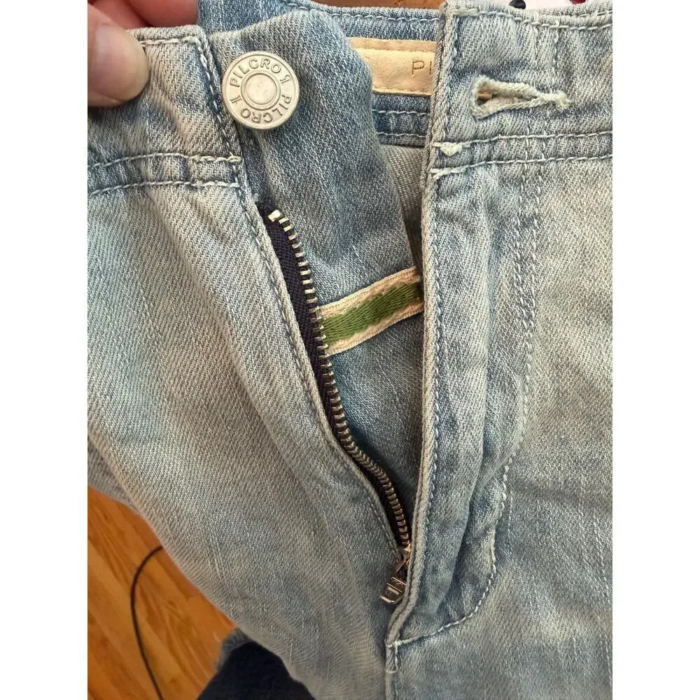 PILCRO Super High Rise Denim Bermuda Shorts Raw Hem Patch Pockets Jorts Size 26
